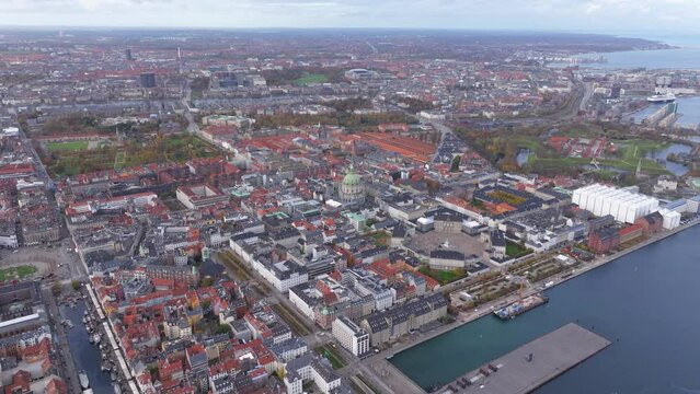 Wide pan down aerial shot over Amalienborg and Frederik's Church Copenhagen