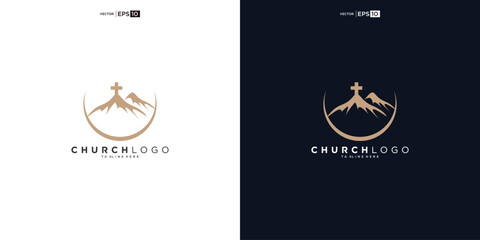 church logo designs with mountain, minimalist logo. People church vector logo design template - obrazy, fototapety, plakaty