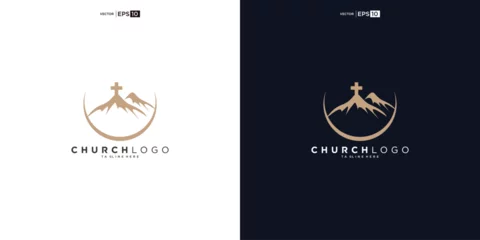 Foto op Canvas church logo designs with mountain, minimalist logo. People church vector logo design template © nurvika