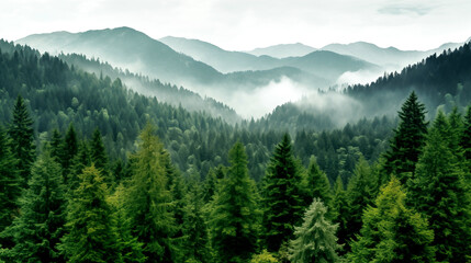 Fototapeta premium landscape nature green pine forest trees with layered mountain behind with mist