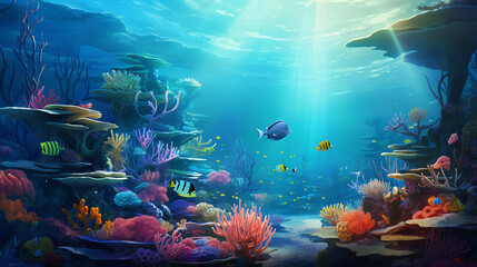 Fototapeta na wymiar sea deep or ocean underwater with coral reef as a background with sunlight