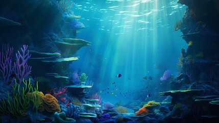 beautiful sea deep or ocean underwater with coral reef as a background - obrazy, fototapety, plakaty