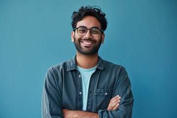 Fototapeta premium Smiling confident arab young man, male student, professional employee or programmer standing isolated on blue background. Happy handsome ethnic guy wearing shirt and glasses, Generative AI 