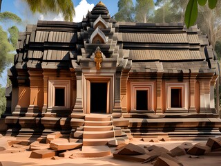 The atmospheric ruins of a centuries-old temple stand majestically under a dramatic cloudy sky, surrounded by lush greenery in Cambodia.