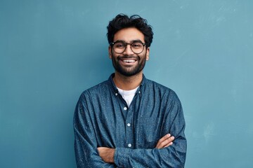 Smiling confident arab young man, male student, professional employee or programmer standing isolated on blue background. Happy handsome ethnic guy wearing shirt and glasses, Generative AI  - obrazy, fototapety, plakaty