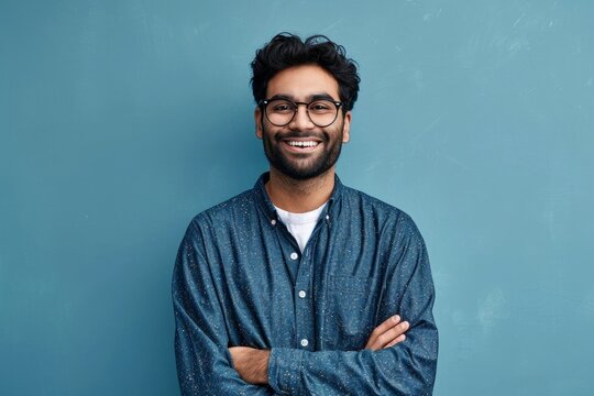 Smiling Confident Arab Young Man, Male Student, Professional Employee Or Programmer Standing Isolated On Blue Background. Happy Handsome Ethnic Guy Wearing Shirt And Glasses, Generative AI 