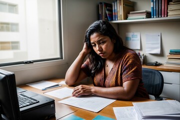 an unhappy and frustrated worker at office desk, stressed out and wanting to quit to retire from work as soon as possible