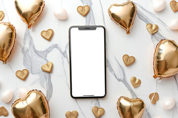flat lay view of a mobile phone mockup surrounded by valentine heart shaped balloons - obrazy, fototapety, plakaty