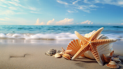 starfish and seashell on the summer beach in the water - obrazy, fototapety, plakaty