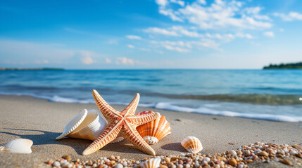 Fototapeta na wymiar cute starfish and seashell on the summer beach in the water