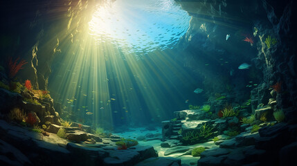 beautiful sunlight into the underwater cave - obrazy, fototapety, plakaty