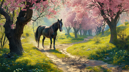 A horse, walking under the flowering spring trees, creates the impression of cheerful and light be