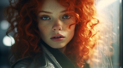 Fototapeta premium Photorealistic Teen Latino Woman with Red Curly Hair Futuristic Illustration. Portrait of a person in cyberpunk style. Cyberspace Ai Generated Horizontal Illustration.