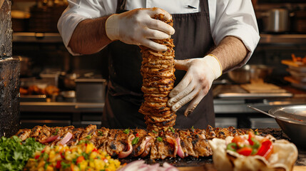 Chef preparing and making Traditional Turkish Doner Kebab meat. Shawarma or gyros. Turkish, greek or middle eastern arab style chicken doner kebab food on isolated white - obrazy, fototapety, plakaty