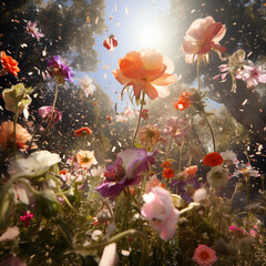 Fototapeta na wymiar In a fairytale-like forest with flowers flying in the sky.Generative AI