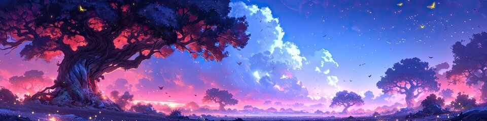 Breathtaking Sunset View in Forest with Majestic Tree