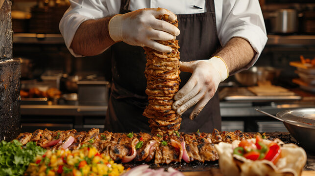 Chef preparing and making Traditional Turkish Doner Kebab meat. Shawarma or gyros. Turkish, greek or middle eastern arab style chicken doner kebab food on isolated white