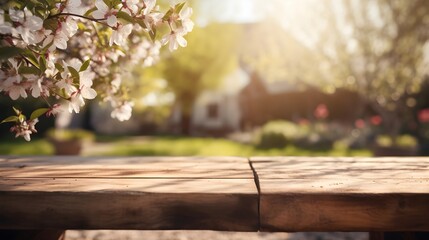 Bokeh Spring Background With Sunshine and Blossoms Flower. In Front of a Wooden Table