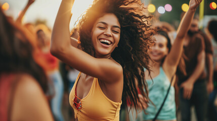 Portrait of a young woman dancing and enjoying music among a crowd at a music concert - obrazy, fototapety, plakaty