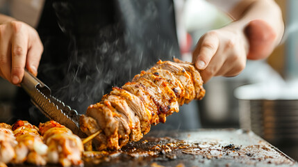 Chef preparing and making Traditional Turkish Doner Kebab meat. Shawarma or gyros. Turkish, greek or middle eastern arab style chicken doner kebab food on isolated white - obrazy, fototapety, plakaty