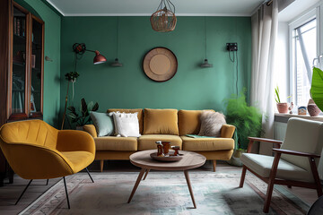 small living room has green walls