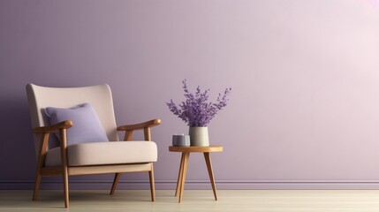 Lavender serenity: tranquil chair and table set on soft lilac background – peaceful home decor