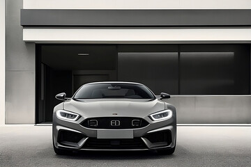 Expensive car, Luxury car, Sport and mordern car in garage, Silver luxury car front view, Automotive advertising banner.