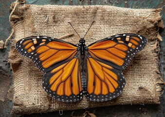 Obraz premium Monarch Butterfly on Textured Burlap Background