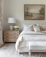 Wooded bedroom with neutral and white furniture
