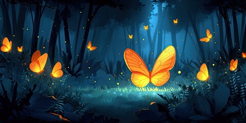 Enchanted Forest with Glowing Yellow Butterflies