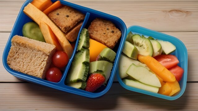 Lunchbox Creations, Arrange different lunchbox ideas, emphasizing healthy and creative school lunches, background image, generative AI
