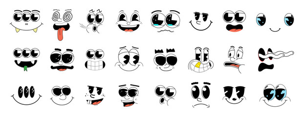 Retro cartoon faces in 30s style. Character faces made in the old school style, various cartoon facial expressions of the mascots. Retro emoji with a smile, laughter, whistling, sad, happy. Vector set
