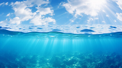 blue sea or ocean water surface and underwater with sunlight