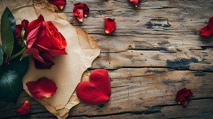 Valentine's day card or banner with red roses and rose petals with free space and place for text on wooden background