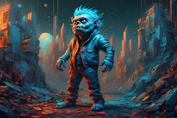 A fantasy illustration of a Monster wearing punk rock clothes, blue coloring  - obrazy, fototapety, plakaty