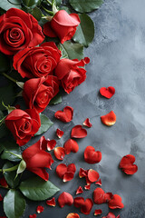 Valentine's day card or banner with red roses and rose petals with free space and place for text on a dark background