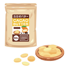 袋入りカカオバターと皿に盛られたカカオバター