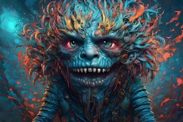 A fantasy illustration of a Monster wearing punk rock clothes, blue coloring 