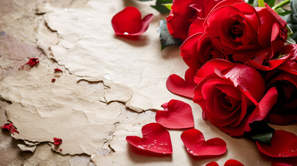 Valentine's day card or banner with red roses and rose petals with free space and place for text on a light background