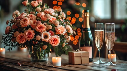 Champagne and beautiful rose bouquet. Romantic date, candle light dinner setting - obrazy, fototapety, plakaty