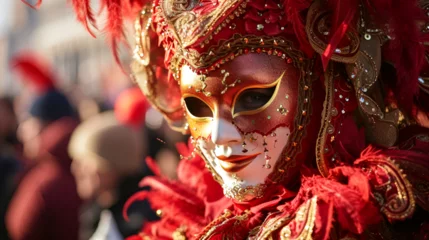 Selbstklebende Fototapeten man in carnival costume and mask at the Venetian carnival close-up with space for text, banner for the Venice carnival with place for text © katerinka
