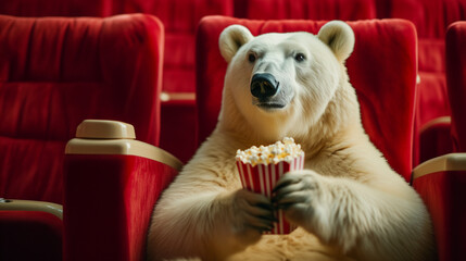 赤いシート席でポップコーンを持ちながら真剣な顔で映画を見る白くま
