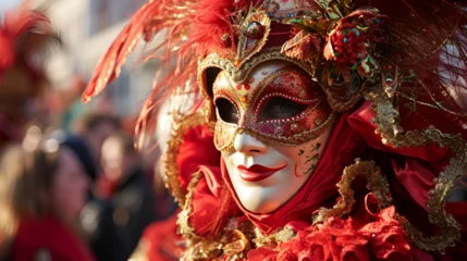 Zelfklevend Fotobehang man in carnival costume and mask at the Venetian carnival close-up with space for text, banner for the Venice carnival with place for text © katerinka