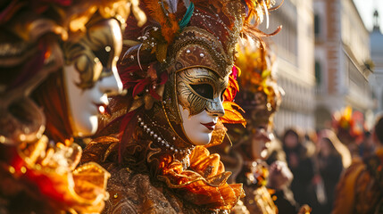 Fototapeta premium people in carnival costumes and masks at the Venetian carnival close-up with space for text