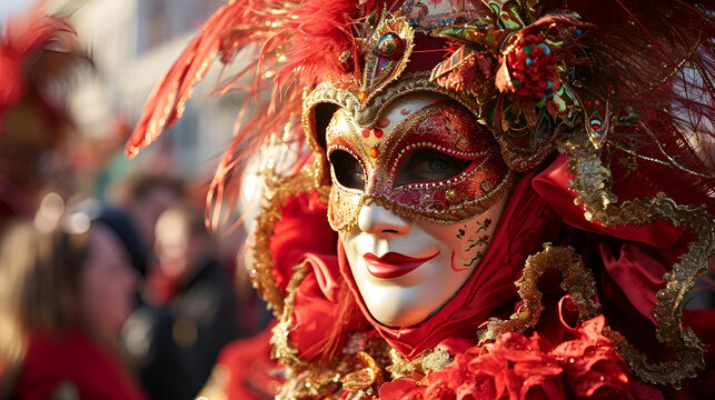man in carnival costume and mask at the Venetian carnival close-up with space for text, banner for the Venice carnival with place for text