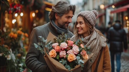 A happy young couple with a large bouquet of red roses