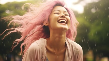 Photorealistic Adult Chinese Woman with Pink Straight Hair Illustration. Happy smiling person dancing in the rain. Summer day Ai Generated Horizontal Illustration.