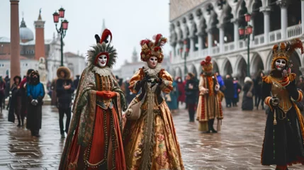 Gordijnen people in carnival costumes and masks in St. Mark's Square at the Venice Carnival © Екатерина Абрамова