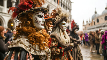Fototapeta premium people in carnival costumes and masks in St. Mark's Square at the Venice Carnival