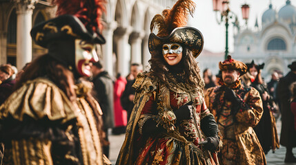 Fototapeta na wymiar people in carnival costumes and masks in St. Mark's Square at the Venice Carnival